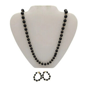 Elegant Black Onyx 14kt Gold Beaded Necklace Earring Set Vintage